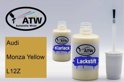 Audi, Monza Yellow, L12Z: 20ml Lackstift + 20ml Klarlack - Set, von ATW Autoteile West.